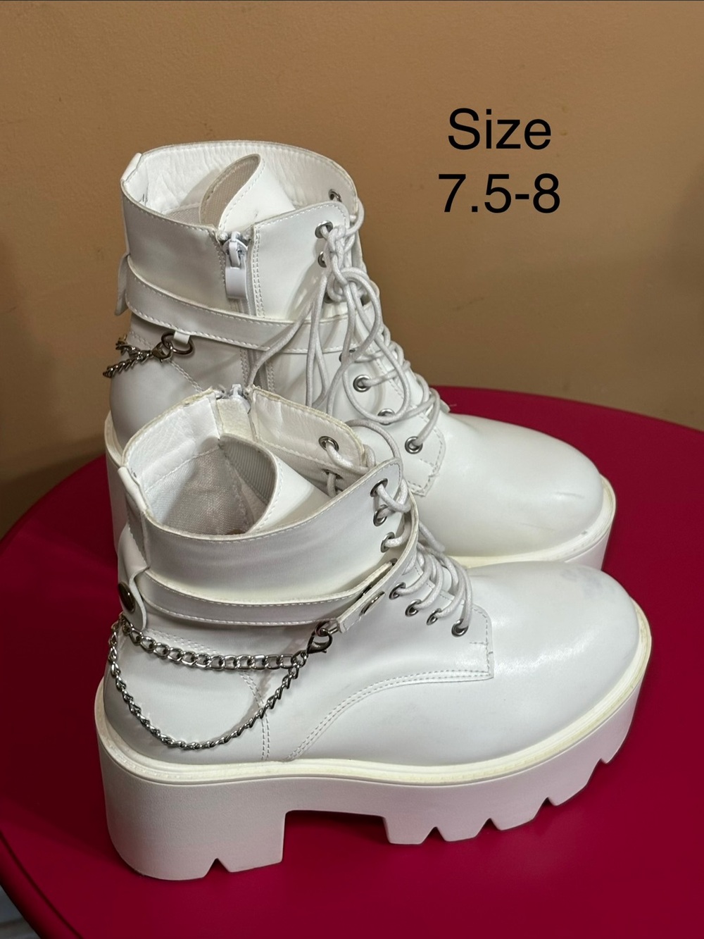 White Platform Lace-Up Ankle Boots with Chain Detail